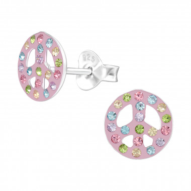 Peace Sign - 925 Sterling Silver Kids Ear Studs with Crystal SD42931