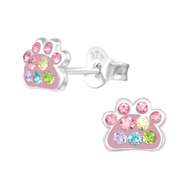 Paw Print - 925 Sterling Silver Kids Ear Studs with Crystal SD42934