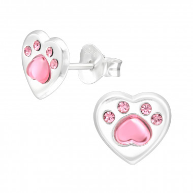 Paw Print - 925 Sterling Silver Kids Ear Studs with Crystal SD42939