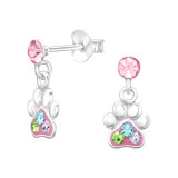 Dangling Paw Print - 925 Sterling Silver Kids Ear Studs with Crystal SD45273