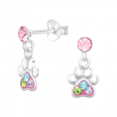 Dangling Paw Print - 925 Sterling Silver Kids Ear Studs with Crystal SD45273
