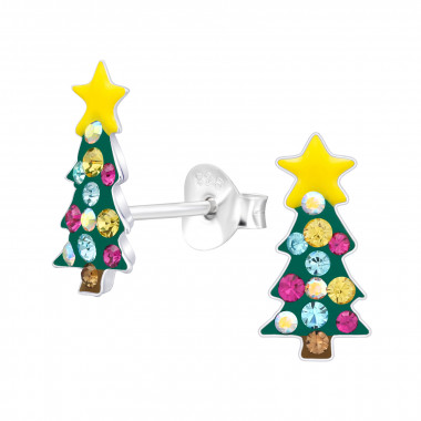 Christmas Tree - 925 Sterling Silver Kids Ear Studs with Crystal SD45404