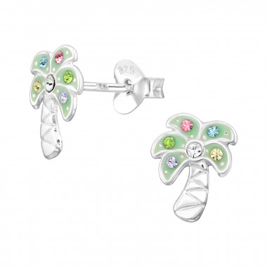 Coconut Tree - 925 Sterling Silver Kids Ear Studs with Crystal SD45892