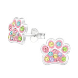 Paw Print - 925 Sterling Silver Kids Ear Studs with Crystal SD45896