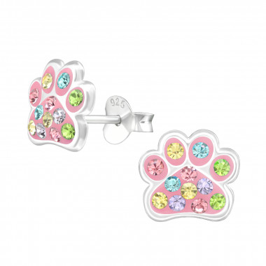 Paw Print - 925 Sterling Silver Kids Ear Studs with Crystal SD45896