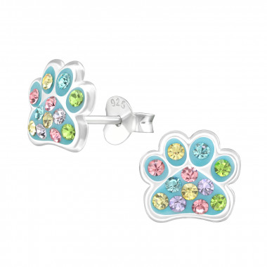 Paw Print - 925 Sterling Silver Kids Ear Studs with Crystal SD45899