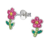 Flower And Stem - 925 Sterling Silver Kids Ear Studs with Crystal SD50712