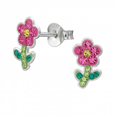 Flower And Stem - 925 Sterling Silver Kids Ear Studs with Crystal SD50712