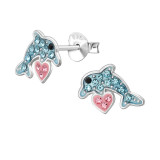Leaping Dolphin With Heart - 925 Sterling Silver Kids Ear Studs with Crystal SD51420