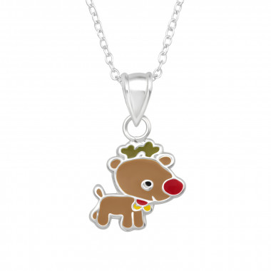 Children's Silver Reindeer Necklace With Epoxy - 925 Sterling Silver Kids Necklaces SD46094
