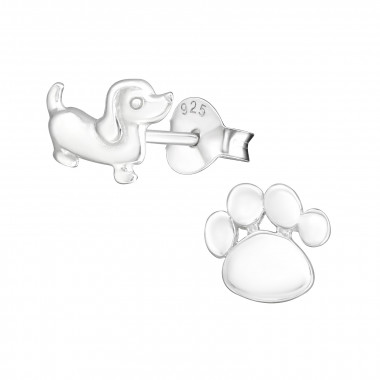 Dog And Paw Print - 925 Sterling Silver Kids Plain Ear Studs SD30237