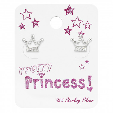 Crown Ear Studs With Crystal On Princess Cards - 925 Sterling Silver Kids Jewelry Sets SD34114