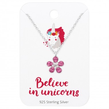Flower Necklace On Believe In Unicorns Card - 925 Sterling Silver Kids Jewelry Sets SD36099