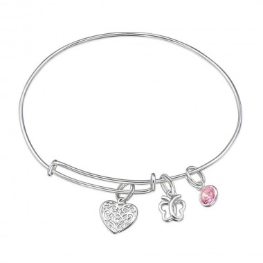 Hanging Heart And Butterfly Charms - 925 Sterling Silver Bangles SD30562