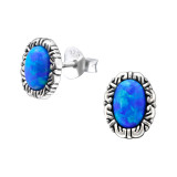Oval Synthetic - 925 Sterling Silver Semi-Precious Stud Earrings SD23664