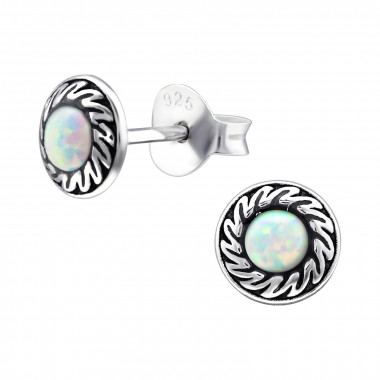Round Synthetic - 925 Sterling Silver Semi-Precious Stud Earrings SD23672