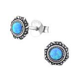 Round Synthetic - 925 Sterling Silver Semi-Precious Stud Earrings SD23674