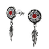 Round Ear Studs With Hanging Feather - 925 Sterling Silver Semi-Precious Stud Earrings SD37082
