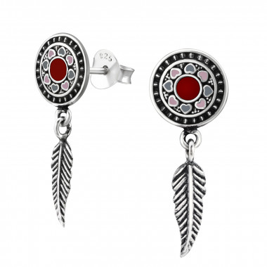 Round Ear Studs With Hanging Feather - 925 Sterling Silver Semi-Precious Stud Earrings SD37082