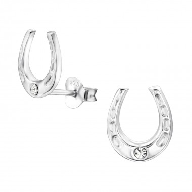 Horse shoe - 925 Sterling Silver Stud Earrings with Crystals SD14110