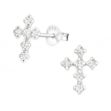 Cross - 925 Sterling Silver Stud Earrings with Crystals SD15795