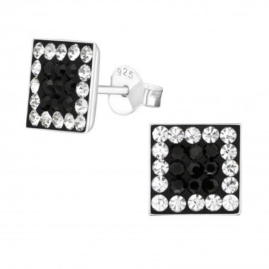 Square - 925 Sterling Silver Stud Earrings with Crystals SD184