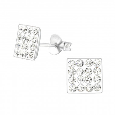 Square - 925 Sterling Silver Stud Earrings with Crystals SD2377