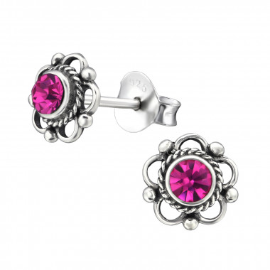 Bali Flower - 925 Sterling Silver Stud Earrings with Crystals SD30072