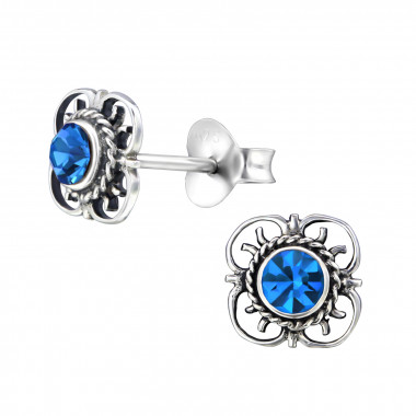 Bali Flower - 925 Sterling Silver Stud Earrings with Crystals SD30073