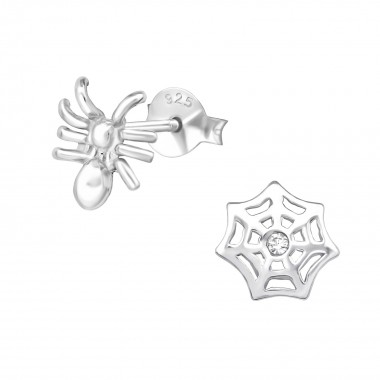 Spider And Spider Web - 925 Sterling Silver Stud Earrings with Crystals SD30232