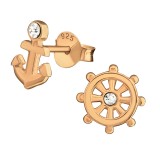 Anchor And Wheel - 925 Sterling Silver Stud Earrings with Crystals SD30236