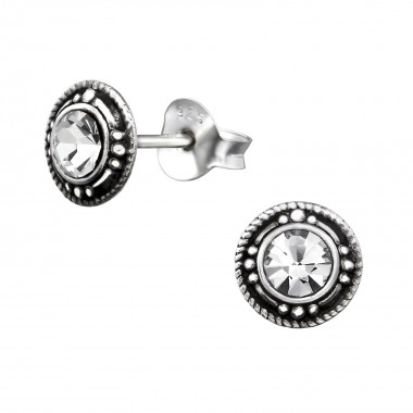 Round - 925 Sterling Silver Stud Earrings with Crystals SD30417
