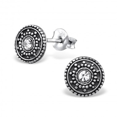 Antique Round - 925 Sterling Silver Stud Earrings with Crystals SD31069