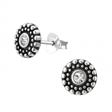 Oxidized - 925 Sterling Silver Stud Earrings with Crystals SD31406