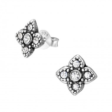 Flower - 925 Sterling Silver Stud Earrings with Crystals SD36641