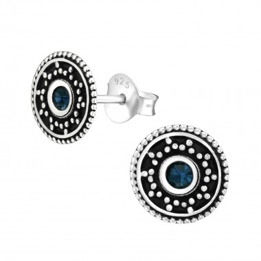 Oxidized - 925 Sterling Silver Stud Earrings with Crystals SD36642