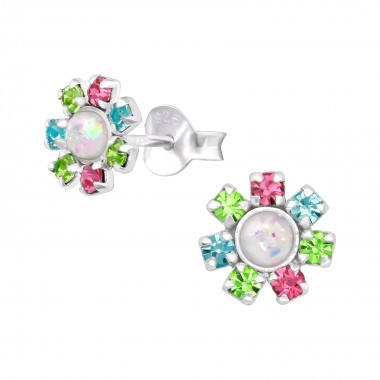 Flower - 925 Sterling Silver Stud Earrings with Crystals SD37046