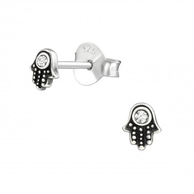 Hamsa - 925 Sterling Silver Stud Earrings with Crystals SD38465