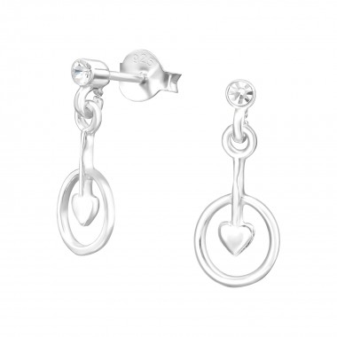 Silver Ear Studs With Hanging Heart And Crystal - 925 Sterling Silver Stud Earrings with Crystals SD38486