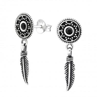 Round With Hanging Feather - 925 Sterling Silver Stud Earrings with Crystals SD38538