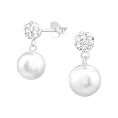 Ball With Hanging Synthetic Pearl And Crystal - 925 Sterling Silver Stud Earrings with Crystals SD38650