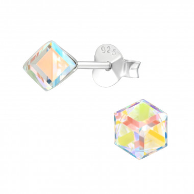 Cube - 925 Sterling Silver Stud Earrings with Crystals SD39192
