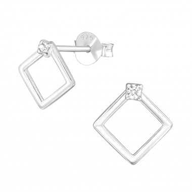 Square - 925 Sterling Silver Stud Earrings with Crystals SD39576