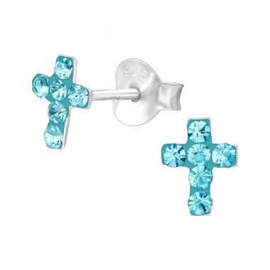 Cross - 925 Sterling Silver Stud Earrings with Crystals SD39626