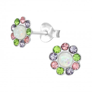 Flower - 925 Sterling Silver Stud Earrings with Crystals SD39632