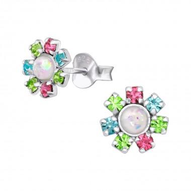 Flower - 925 Sterling Silver Stud Earrings with Crystals SD39643