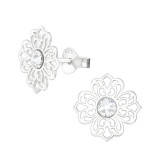Flower Filigree - 925 Sterling Silver Stud Earrings with Crystals SD40007
