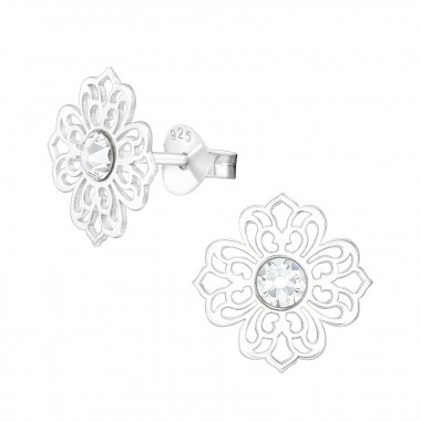 Flower Filigree - 925 Sterling Silver Stud Earrings with Crystals SD40007