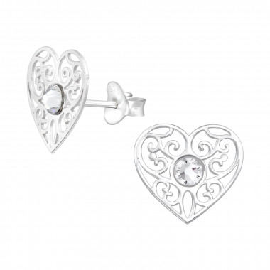 Heart Filigree - 925 Sterling Silver Stud Earrings with Crystals SD40008
