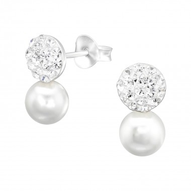 Double Ball - 925 Sterling Silver Stud Earrings with Crystals SD41024